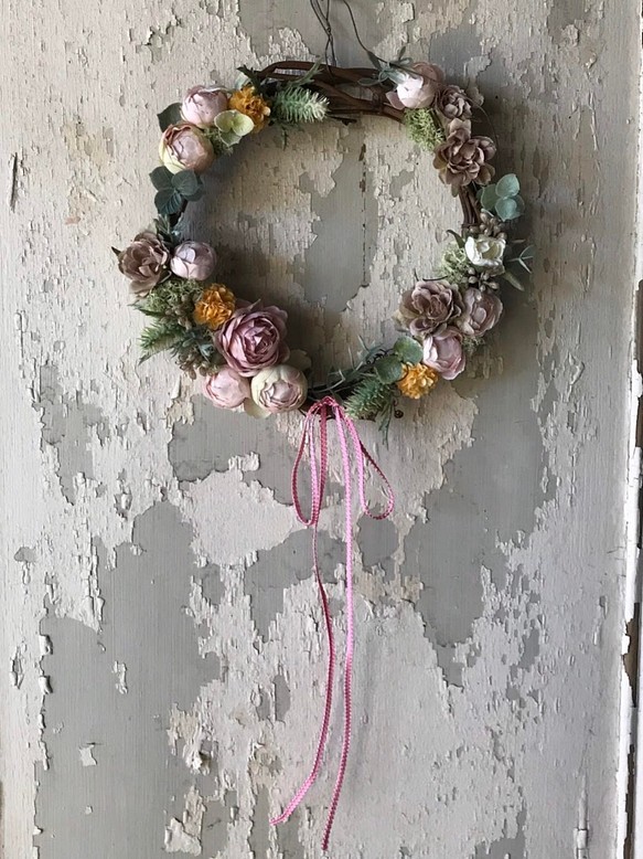 シャビーピンクのアンティーク リース 23cm アーティフィシャルフラワー(造花) 1枚目の画像