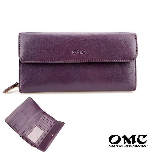 【OMC】15卡2照義大利植鞣革拉鏈手拿包長夾(95102紫色) 第1張的照片
