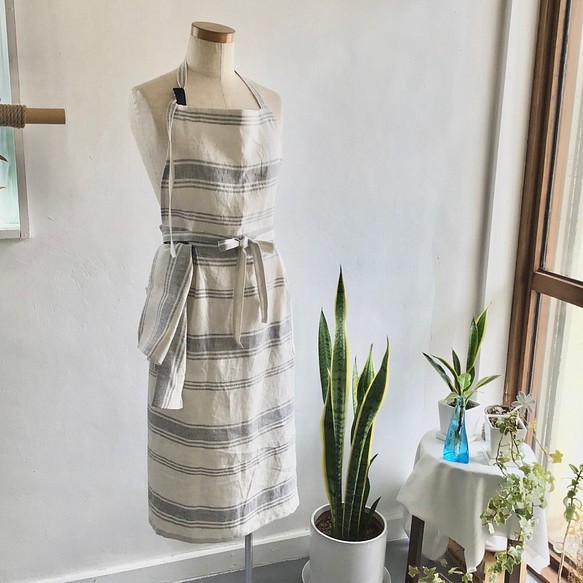 linen apron & cloth (natural stripe) 1枚目の画像