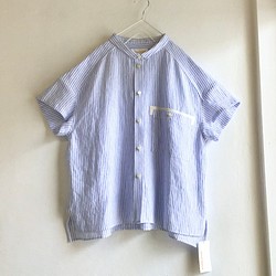 chibi-collar half-sleeve shirt  (blue stripe x white B) 1枚目の画像