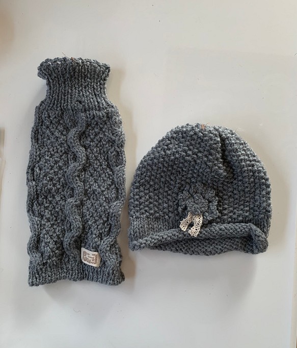 手編み婦人用ニット帽・犬用Sサイズニットセーターセット 1枚目の画像