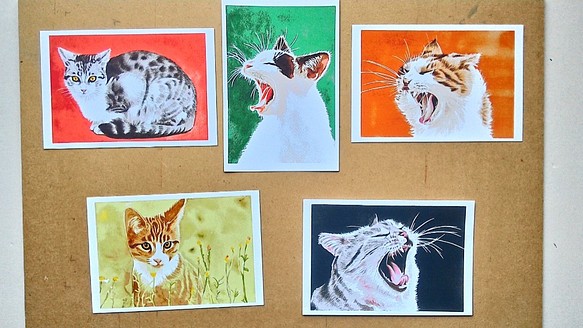 ポストカードサイズ　水彩+色鉛筆画犬、猫イラスト5枚セット　900円 1枚目の画像