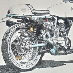 0019 色鉛筆　イラスト　オートバイ　ビンテージ　DUCATI MHR 900 A4サイズ 1枚目の画像