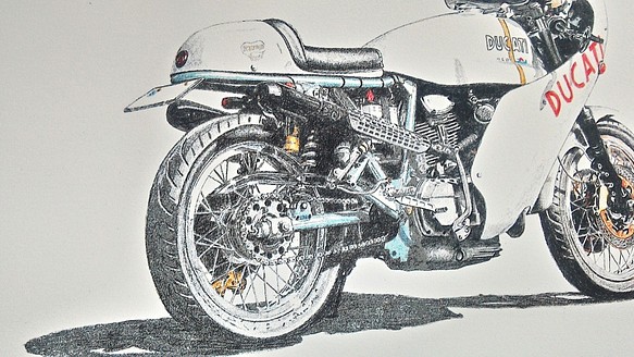 0019 色鉛筆　イラスト　オートバイ　ビンテージ　DUCATI MHR 900 A4サイズ 1枚目の画像
