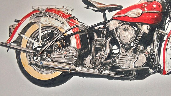 0020 色鉛筆　イラスト　オートバイ　ビンテージ　HARLEY DAVIDSON 1946 FL A4サイズズ 1枚目の画像