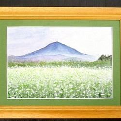 風景「岩木山とそばの花」／水彩画／一点物／原画／額入り／送料無料