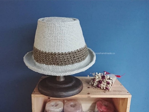 MHメイクポークパイハットグレーブルー（スポット）フェドーラ麦わら帽子夏手作り織り 1枚目の画像