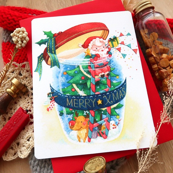 【Pin】クリスマスボトル│印刷水彩画│クリスマスカード│封筒の色は選べます 1枚目の画像