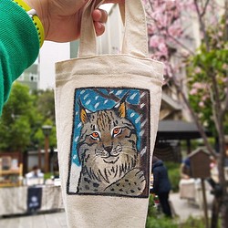 [一隻丸動物園] - 猞猁/大山貓/手繪帆布袋/飲料提袋 第1張的照片