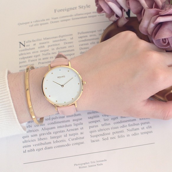 MEDOTA RAINBOW系列優雅彩色鑽石粉色真皮錶帶女錶 / RO-10601 金色 第1張的照片