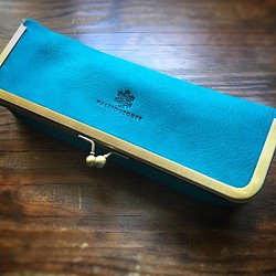 [定制（交貨期約1個半月）] 國產銀絲裡鞣製皮革（青綠色）盒扣筆袋 第1張的照片