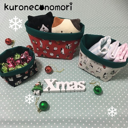 クリスマスver かわいいネコ柄布小物入れ ３個セット 収納用品 掃除道具 Kuroneconomori 通販 Creema クリーマ ハンドメイド 手作り クラフト作品の販売サイト