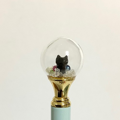 黒猫のガラスドーム付きボールペン☆ブルー☆袋とケース付き ペン ...