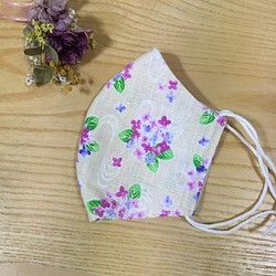 【L-25】浴衣マスクL  3枚以上送料無料　5枚以上で1枚プレゼント　紫陽花柄ベージュ　夏マスク 1枚目の画像