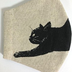 猫  Wガーゼ  立体 マスク  内側Wガーゼ (729) Creema限定  黒猫  ねこ コットンリネン 1枚目の画像