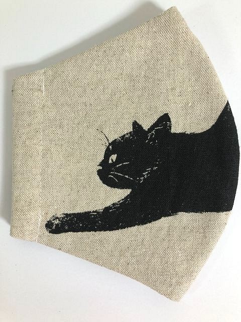 猫  Wガーゼ  立体 マスク  内側Wガーゼ (729) Creema限定  黒猫  ねこ コットンリネン 1枚目の画像