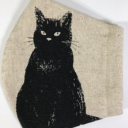 Creema限定  猫 立体 マスク  内側Wガーゼ (1066)  黒猫   コットンリネン 1枚目の画像