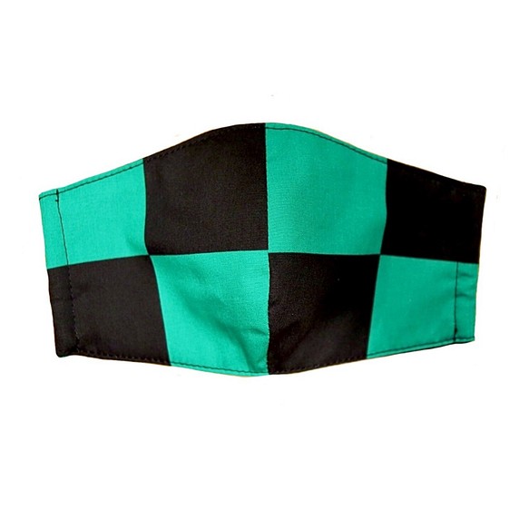 キッズ・春夏向きコットンリネンガーゼ立体マスク（緑と黒の市松模様）MSサイズ 1枚目の画像