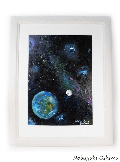 アクリル絵画「Earth（2020）」原画 額装品【手描き／宇宙・地球・月