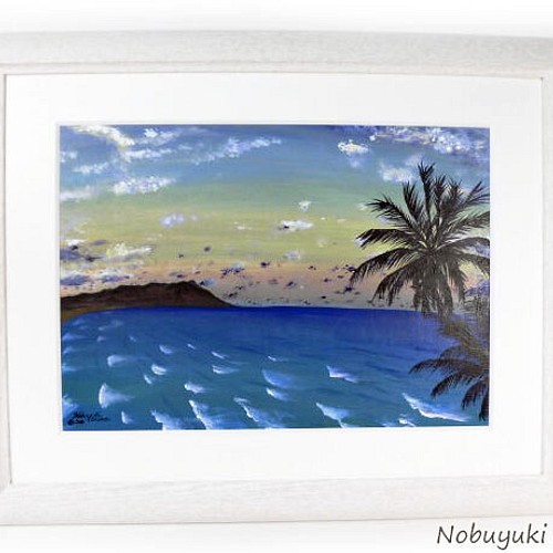 アクリル絵画「Waikiki Beach（2018）」原画額装品／海・ワイキキ