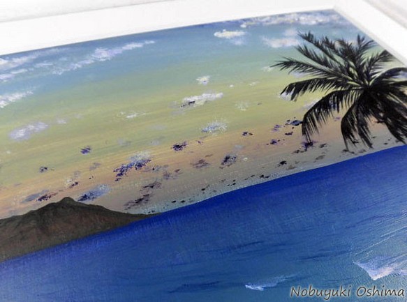 経典 アクリル絵画 Waikikibeach 18 原画額装品 海 ワイキキビーチ ハワイ ダイアモンドヘッド アート アクリル絵具 油絵具