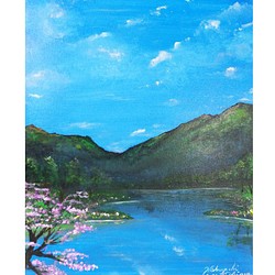 アクリル絵画「Lakeside in spring」原画【手描き／湖畔・桜・春・山・自然・風景・美術・アートインテリア】 1枚目の画像