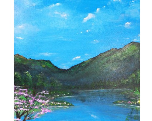 アクリル絵画「Lakeside in spring」原画【手描き／湖畔・桜・春 