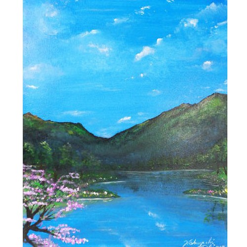 アクリル絵画「Lakeside in spring」原画【手描き／湖畔・桜・春・山