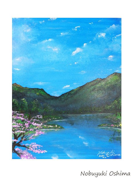 アクリル絵画「Lakeside in spring」原画【手描き／湖畔・桜・春・山・自然・風景・美術・アートインテリア】 1枚目の画像