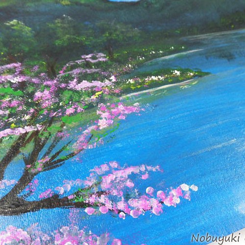 アクリル絵画 Lakeside In Spring 原画 手描き 湖畔 桜 春 山 自然 風景 美術 アートインテリア 絵画 Nobuyuki Oshima 通販 Creema クリーマ ハンドメイド 手作り クラフト作品の販売サイト