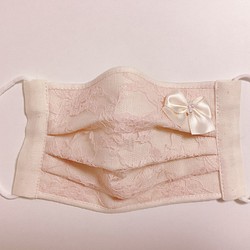 ピンクレース　布マスク❤︎プリーツマスク❤︎ホワイトリボン　ハンドメイド布マスク　 1枚目の画像