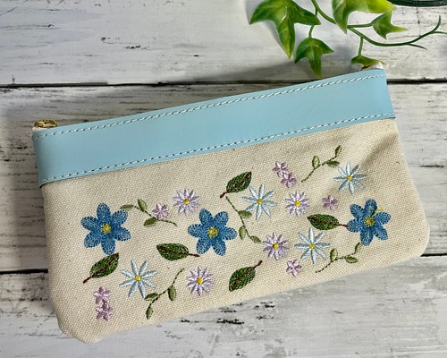 刺繍ペンケース 花・花・花 帆布+革