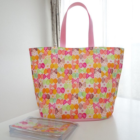 リボンちょうちょ♡ピンクのプールバッグ～透明ポーチ付き 1枚目の画像