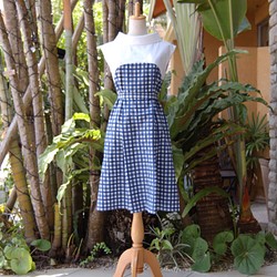 （M）藍色方格格紋兩色卷狀彩色度假前褶Dress連衣裙 第1張的照片