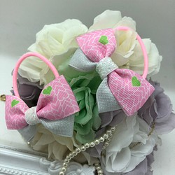 可愛いピンクの三つ編み＆ハート♡ キラキラ銀糸ダブルリボン のヘアゴム 2個set 1枚目の画像