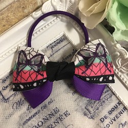 鮮やかcolour♡ 紫&blackの蝶々柄のダブルリボン♡ のヘアゴム 1枚目の画像