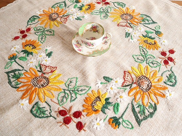 アンティーク フランス 手織りリネン 小花手刺繍ニードルワーク テーブルクロス