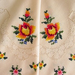 フランスの手仕事/素敵な黄色いバラの手刺繍入りテーブルクロス (ヴィンテージ) 1枚目の画像