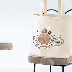 カフェ BAG モンブランケーキ　縦長トートバッグ　キャンバスバッグ　スイーツ　コーヒー　帆布 1枚目の画像
