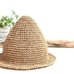 春夏用 手編みのどんぐり麦わら帽子 〈キッズサイズ〉ナチュラルカラー 1枚目の画像