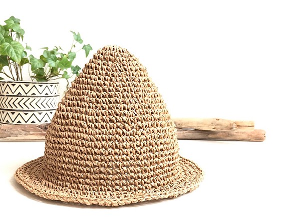 春夏用 手編みのどんぐり麦わら帽子 〈キッズサイズ〉ナチュラルカラー 1枚目の画像