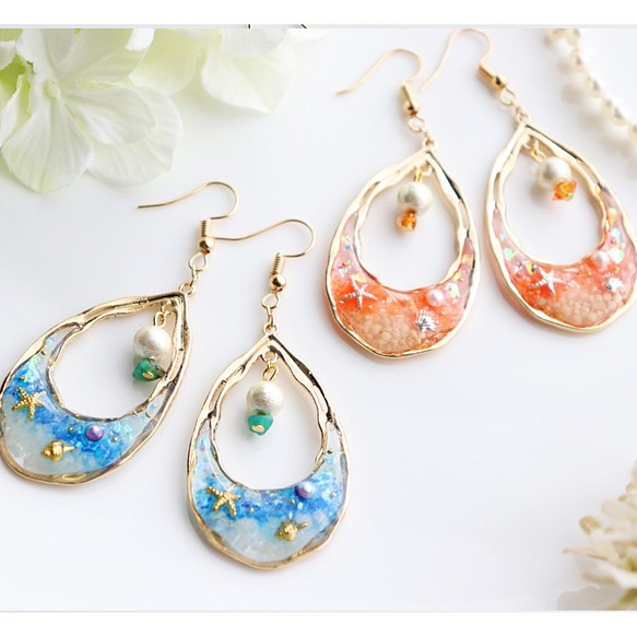 wood×海ピアス＊ 木/レジン/海/夏/ピアス/ゴールド ピアス（フック