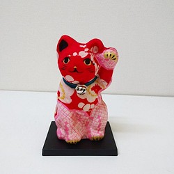 一閑張り張子 　“招き赤猫” 1枚目の画像