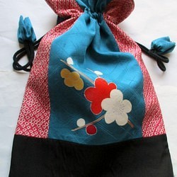 ５６０６　絞りと花柄の振袖で作った巾着袋　＃送料無料