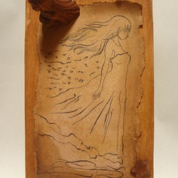 彫刻イラストアート 『 失われた神話 』 木彫刻　イラスト　天使　世界　人魚　海　地図 1枚目の画像