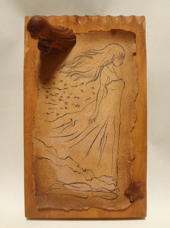彫刻イラストアート 『 失われた神話 』 木彫刻　イラスト　天使　世界　人魚　海　地図 1枚目の画像