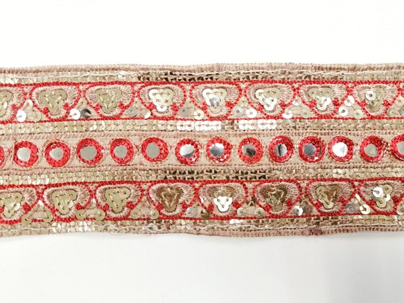 16【ブレードテープ】刺繍リボン　インド【RED-MIRROR】  7.5cm巾×50㎝ 1枚目の画像
