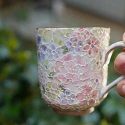 京焼・清水焼 　マグカップ　（イッチン装飾　ラスター彩　花詰め　ピンク） 1枚目の画像