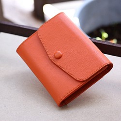 【永久無料保証】全て手縫い 柔らかいカーフレザー　ミニウォレット　ミニ財布　コンパクト　可愛いオレンジ 1枚目の画像