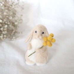 羊毛フェルトのお花とうさぎさんブローチ　(クリーム色うさぎ(ロップイヤー)×ミモザ